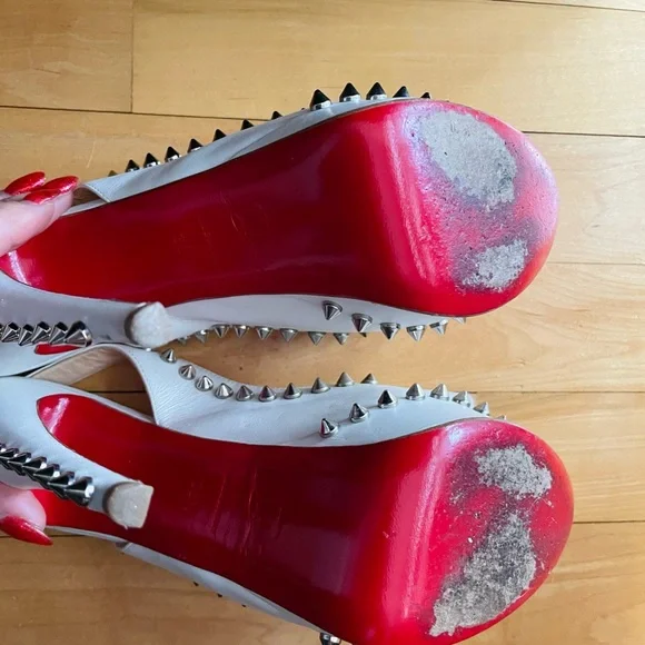 Authentic Christian Louboutin Lady Clou 150 White Studded Peep-Toe Heels